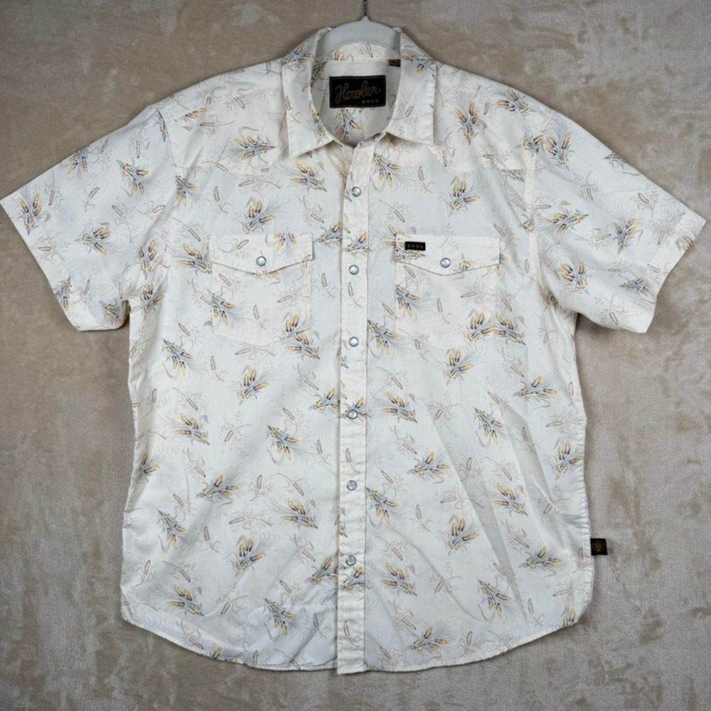 Howler Brothers Mens Medium Wheat Print Pearl Snap Short Sleeve Western Shirt